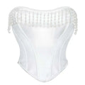 White Overbust Corset Strapless Bustier Crop Tube Top Pearl Tassel Korset