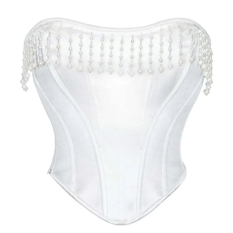 White Overbust Corset Strapless Bustier Crop Tube Top Pearl Tassel Korset