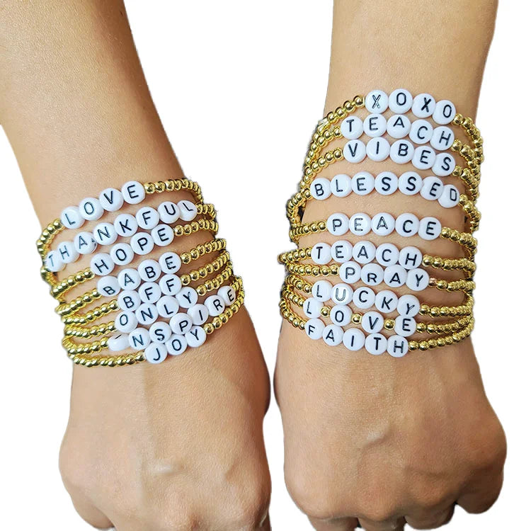 BM1078 4mm Gold Plated Beads Custom Name Word Bracelets Mama Letter Stack Personalized Arm Candy Customized Bracelets
