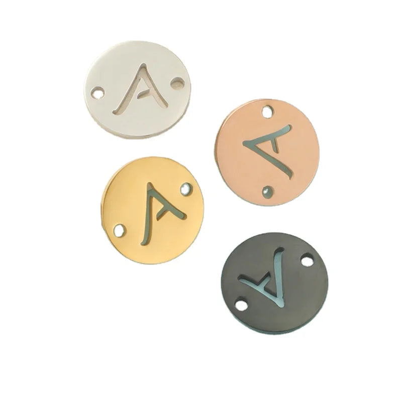 Stainless Steel Alphabet Link Charms Hole Letter Pendants Connectors for Earring Bracelet Necklace Flat Round Metal Pendant DIY