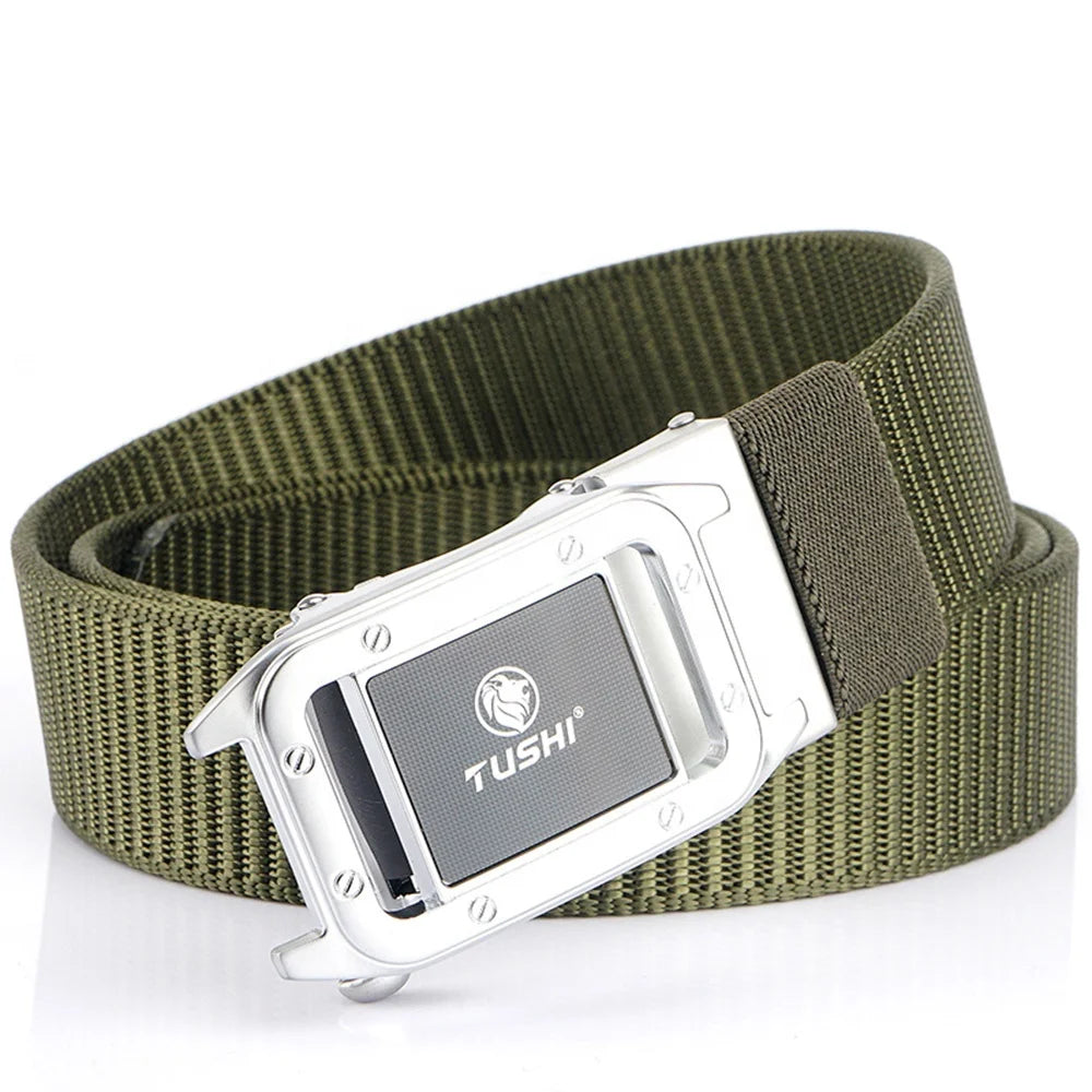 Wholesale TUSHI Custom Logo Men's Nylon Casual Jeans Belt 3.4 CM Wide Alloy Automatic Buckle Braided Fabric Golf Youth 120CM