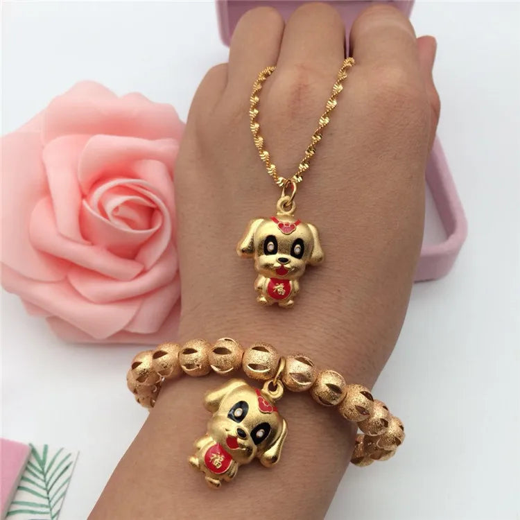 Dubai Gold Gold Plated  Jewelry Set Brass Gilded Painted Cute Dog Bracelet Pendant Set Women'S Fashion Pendant Wholesale