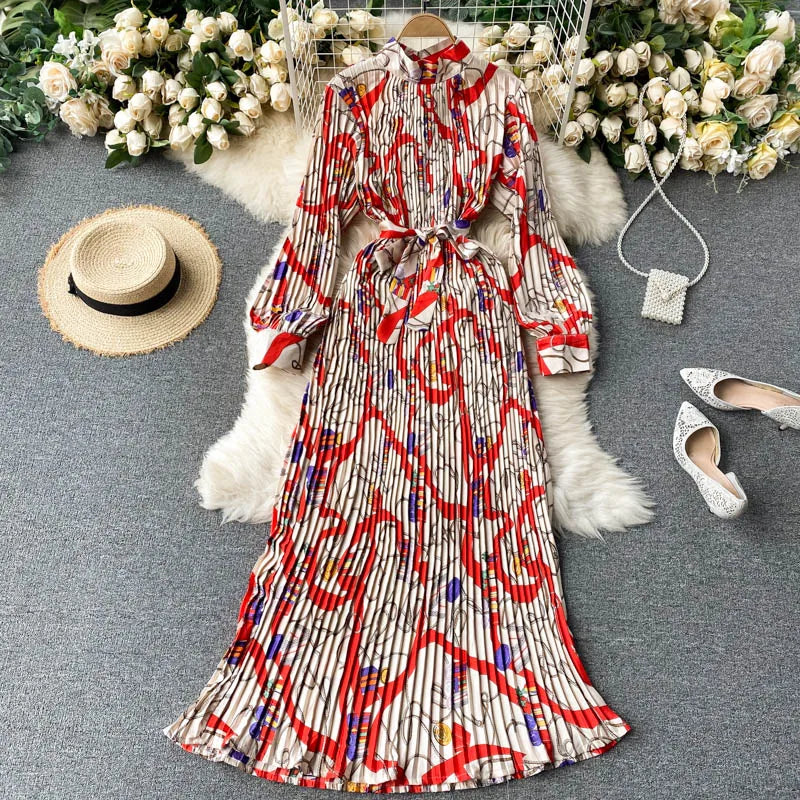New Design Women's Elegant Maxi Woven Floral Print Natural Waist Long Sleeve Pleated Eco-Friendly Dress