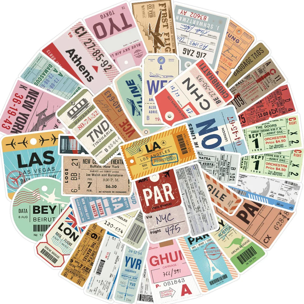 40Pcs Vintage Boarding Pass Plane Ticket Graffiti Stickers for Luggage Bottle Phone Travel Decor Vinyl Airline Sticker