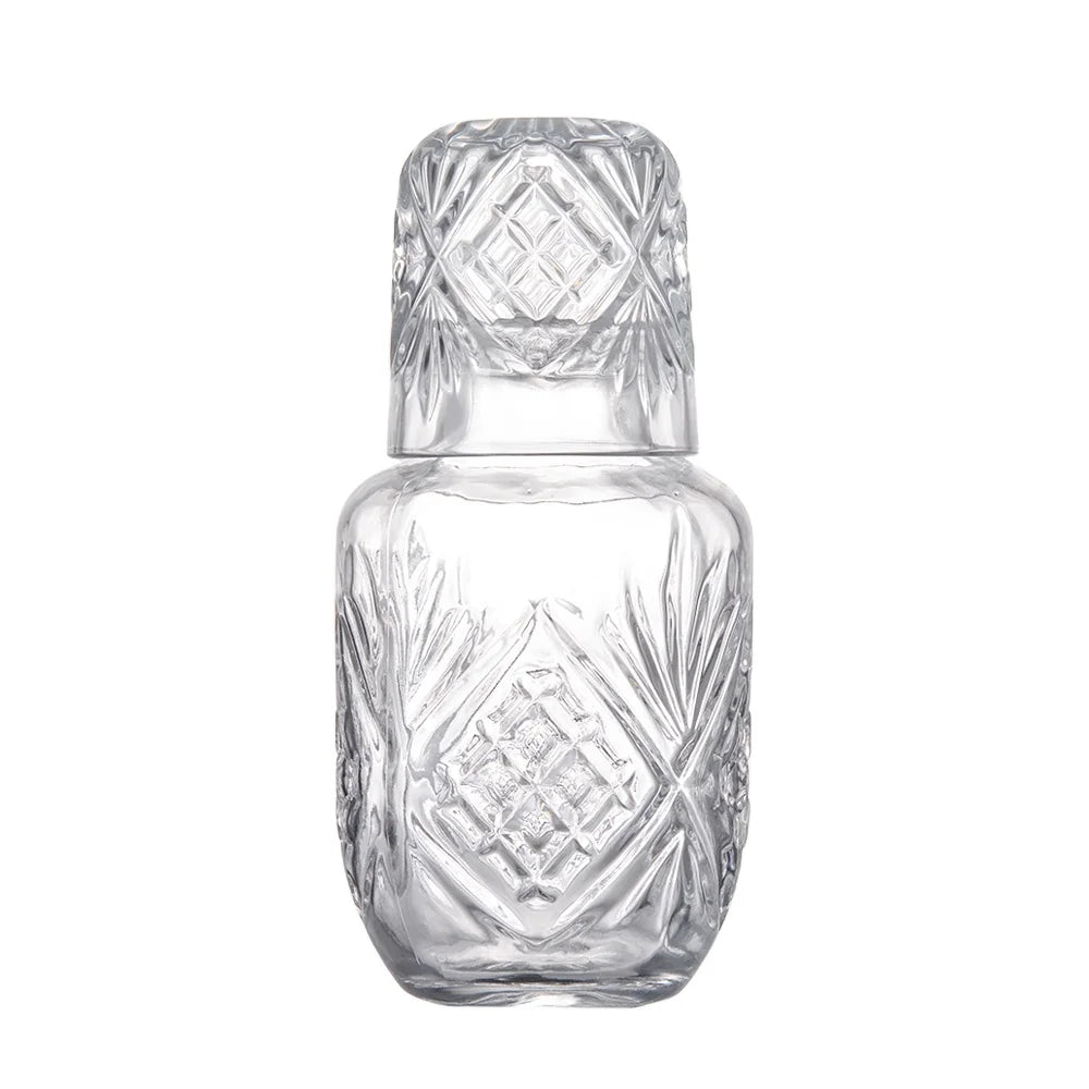 17 oz Crystal Glass Bedside Night Carafe Pitcher & 5 oz Water Tumbler Set Nightstand & Car Cup Holder Companion