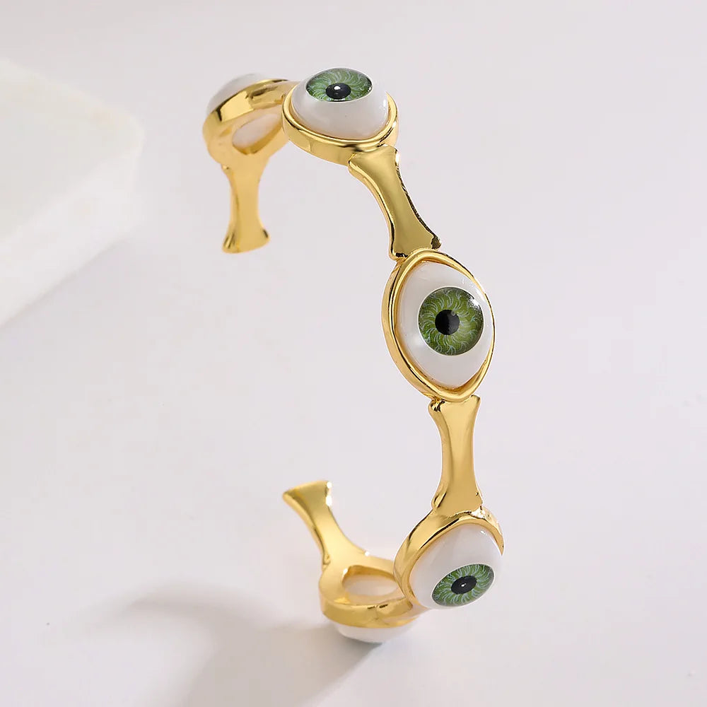 Copper Gold Plated Evils Eyes Open Bangle Gold Plated Brass Enamel Eyes  Bangle for Women