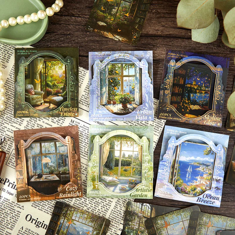 20pcs/pack PET Sticker Pack Painting Reflection of the Window Series Bottoming Decorative Retro Fresh Stickers Handbook