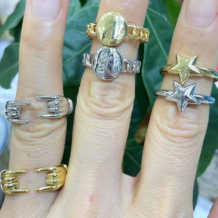 RA1066 Simple Dainty Plain Shiny 18k Gold Silver Plated Star Finger Styling Dome Stacking Everyday Open Rings for Ladies