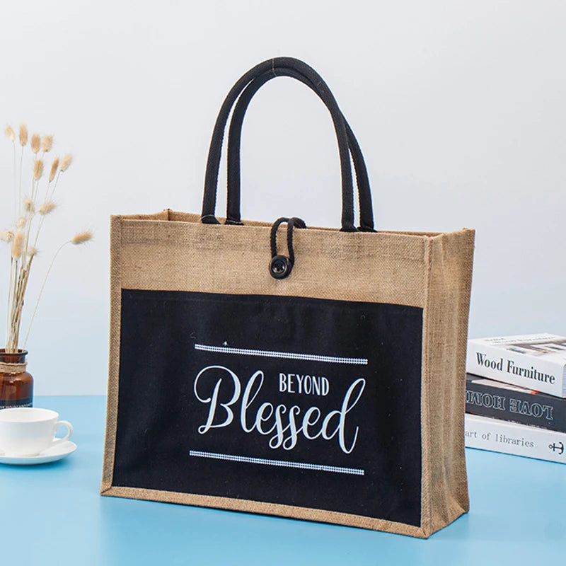 Custom Blank Grocery Gift Travel Shopping Wicker Beach Bag Wedding Water Resistant Reusable Large Black Jute Tote Bag Shopping