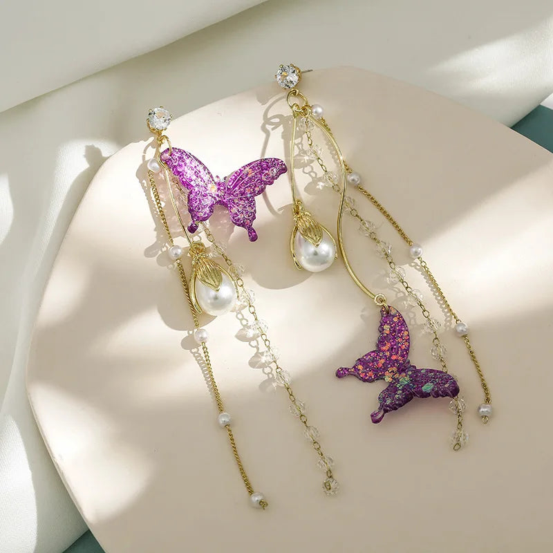 Crystal Pearl Water Drop Tassel Butterfly Earrings Women Girl Dangle Temperament Long Earrings Bridal Wedding Party Jewelry Gif