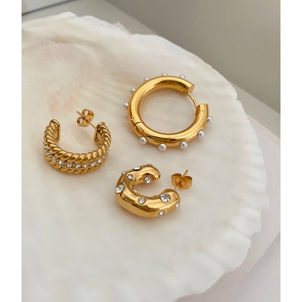 3 Designs Stainless Steel Cubic Zircon Twisted Wide Chunky Hoop Earrings 18K Gold Plated Pearl Earrings Statement Jewelry 2022