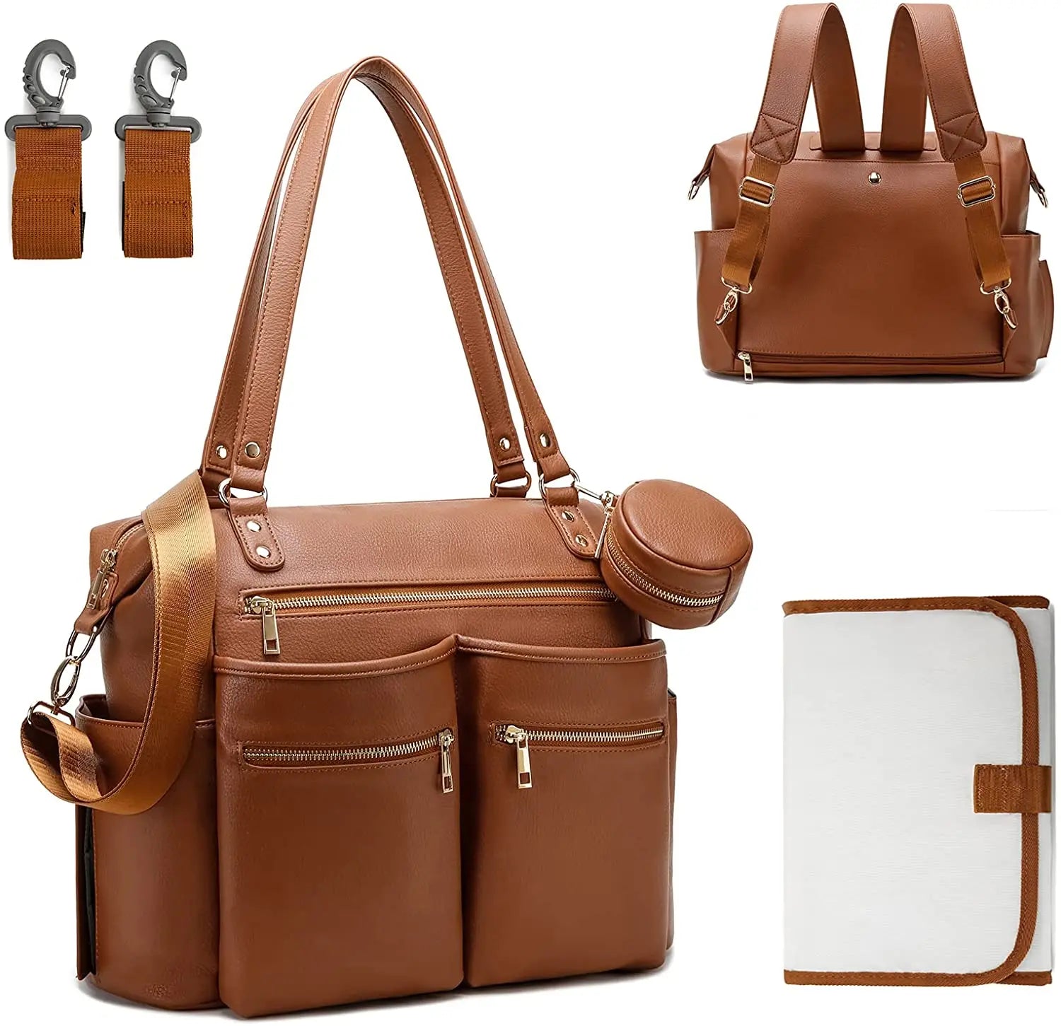 Baby Bag Diaper Bag Tote Leather Backpack Bag with Changing Station & Stroller Straps & Pacifier Case for Boys Girls