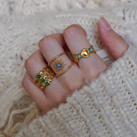 Egyptian Micro Pave Green Blue Natural Stone Charm Rings Delicate 18K Gold Plated Hollow Multi Circle Finger Ring for Women Girl
