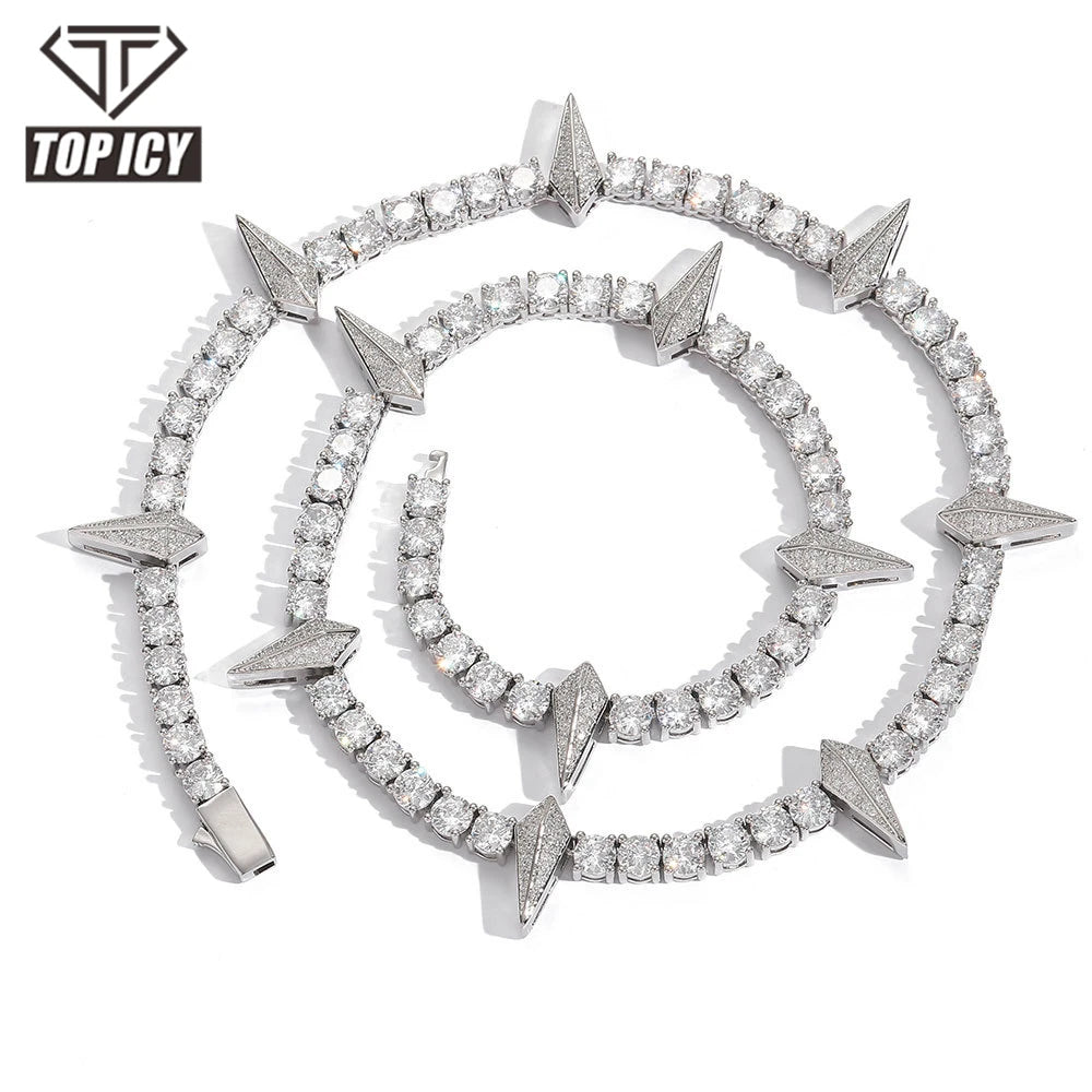 Top Icy 5mm Cubic Zirconia Tennis Chain Spring Clasp Luxury Man Hip Hop Necklace Bling Full Diamond Spike Tennis Necklace