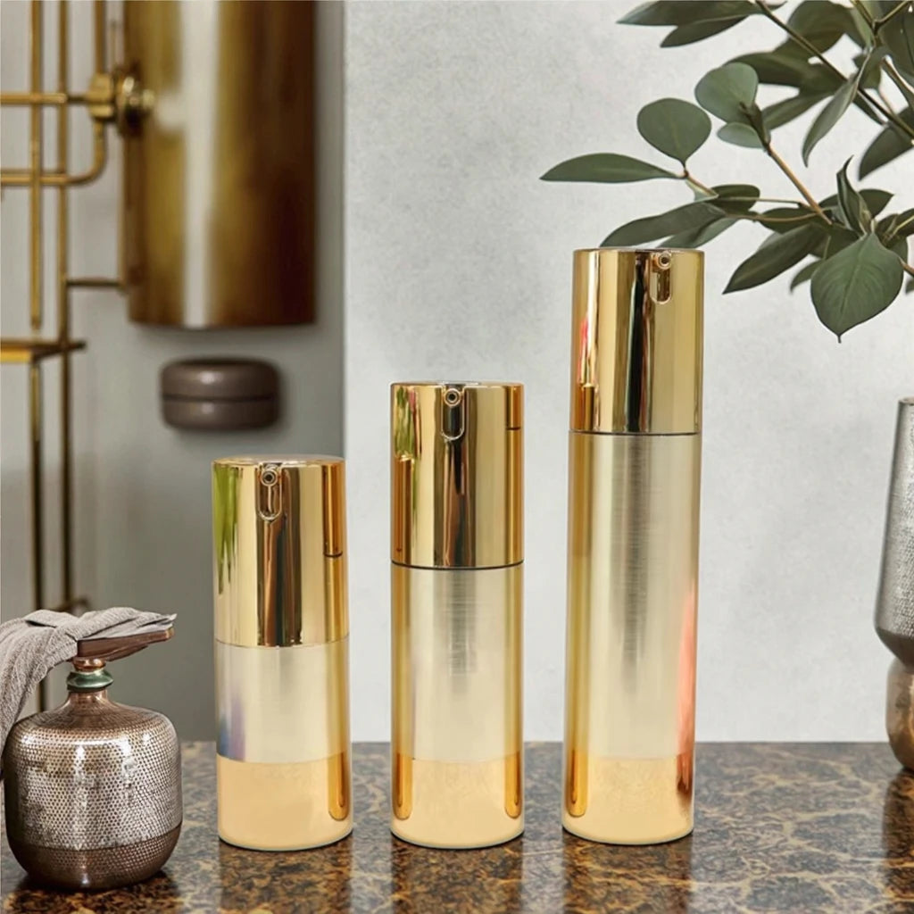 Gold-Highlighted Luxury Airless Lotion Mist Pump Spray Bottle 15ml-50ml Capacity Flat Oval Face Cream Cosmetic Screen Printing