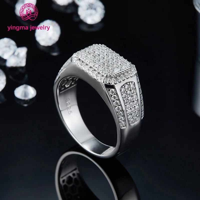 Yingma Hip Hop Jewelry Moissanite Ring d Vvs 925 Sterling Silver 1.2ct Iced Out Round Brilliant Cut Moissanite Rings Jewelry Men