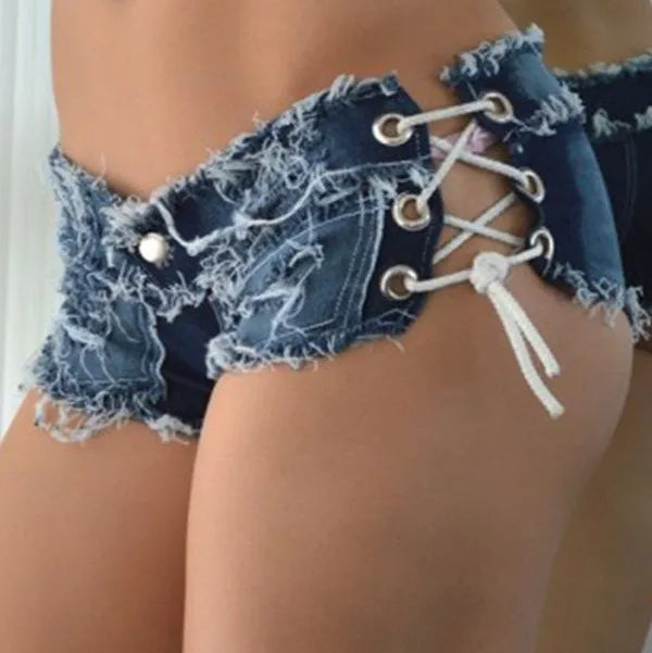 2026 New Women Sexy Low Waist Hole Tassel Denim Shorts Jeans Thong Short Feminino