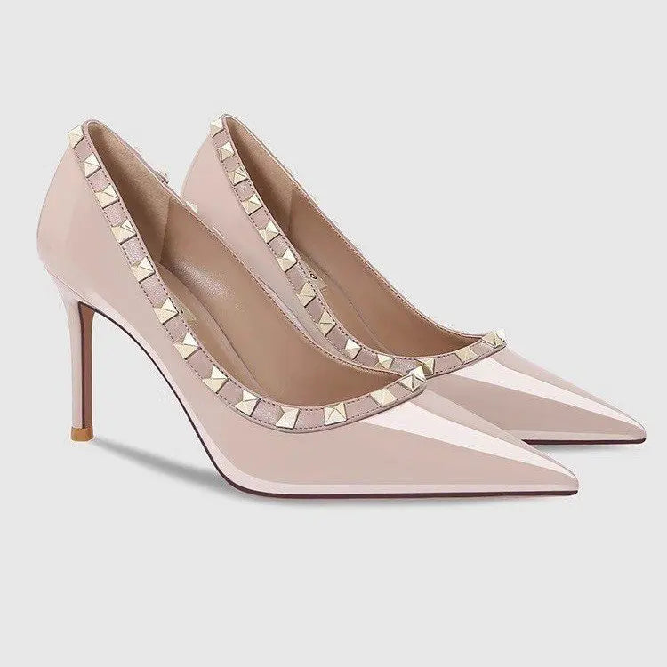 Spring and Summer New studded Pointed Heels Women's Stiletto Black Patent Leather Heeled Shoes Are Versatile
