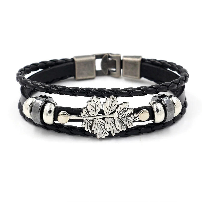 Men Jewelry Vintage Alloy Leaf Multilayer Leather Braided Bracelet