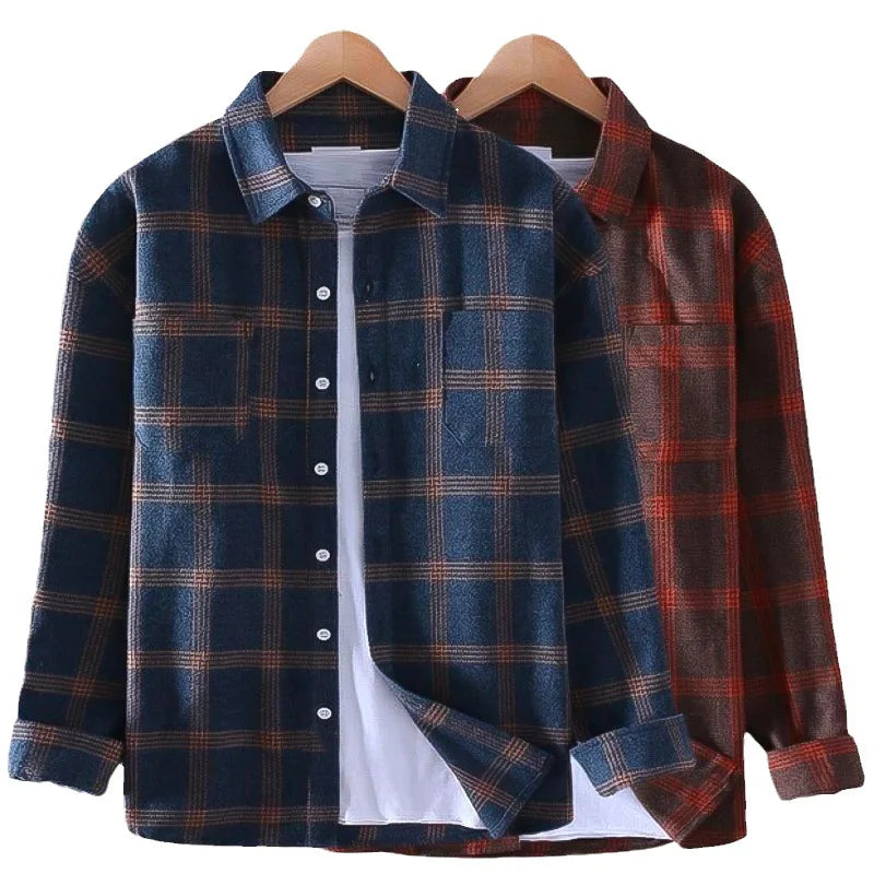 RNSHANGER New Men's Shirt Plaid Long-sleeved Spring Button Casual Top Street Fashion Versatile Vintage Men Shirts with Pocket