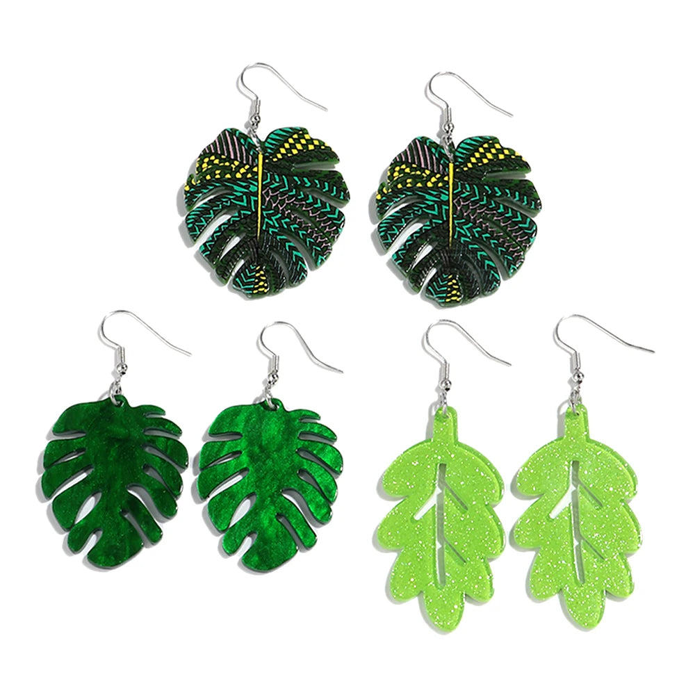 Casual Green Tortoiseshell Leaf Plant Acrylic Drop Earrings New Geometric Design Trendy Style for Parties Low-Price