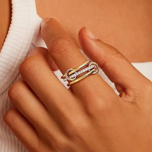 Anillo De Acero Inoxidable No Tarnish Stainless Steel Multilayer Zirconia Rings Two Tone Interlocking Link Eternity Ring Anxiety