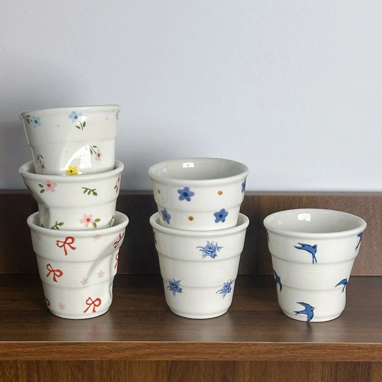 French Vintage Style Floral Design Porcelain Eco-Friendly Hand-Pinched Irregular Textured Ceramic Latte Coffee Cup