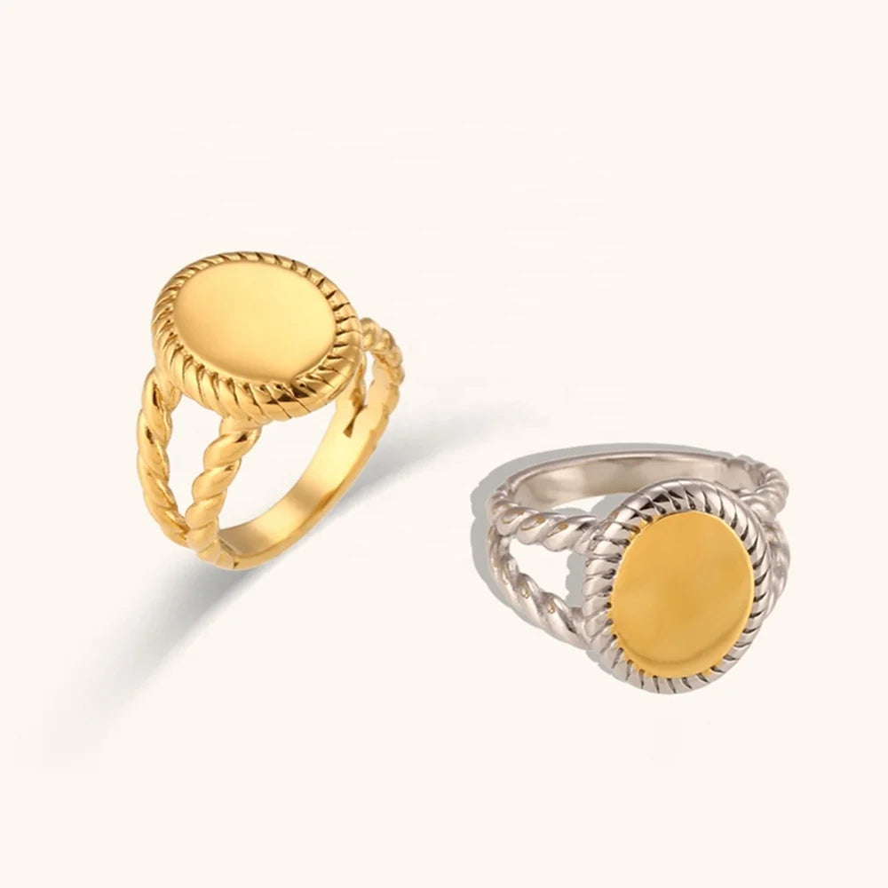 MECYLIFE Oval Mirror Design Personalized Stainless Steel Signet Ring 18K Gold Women Finger Ring