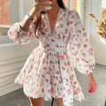 RNSHANGER Women Floral Print Mini Dress High Waist A-Line Autumn Long Sleeve V Neck Dresses Vintage Beach Vacation Casual Dress