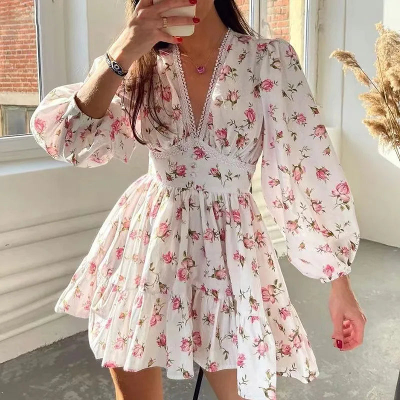 RNSHANGER Women Floral Print Mini Dress High Waist A-Line Autumn Long Sleeve V Neck Dresses Vintage Beach Vacation Casual Dress