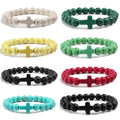 Men's and Women's Natural Stone Blue Turquoise Hand String Bracelet 8mm Round Beads Fashionable Cross Charm