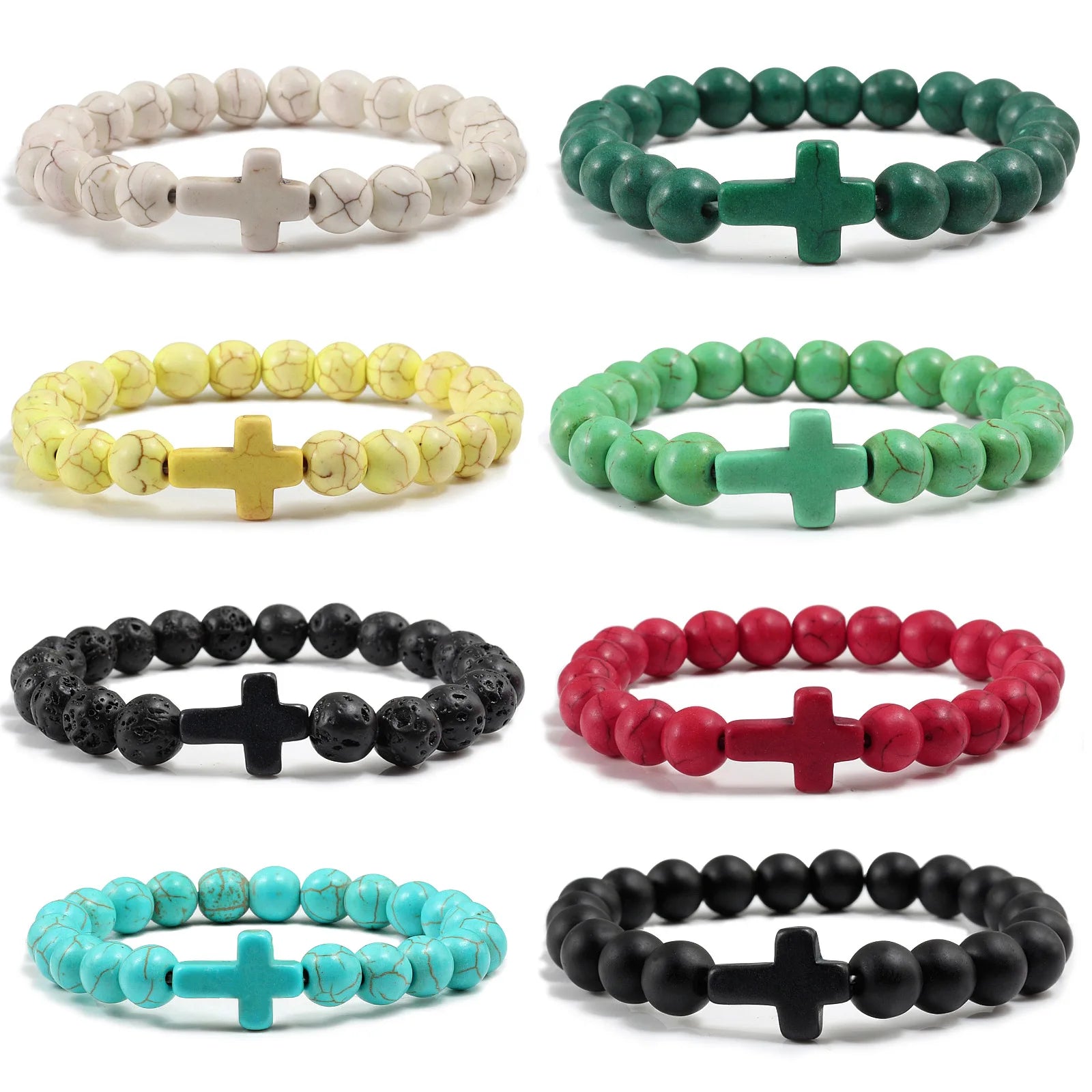 Men's and Women's Natural Stone Blue Turquoise Hand String Bracelet 8mm round Beads Fashionable Cross Charm