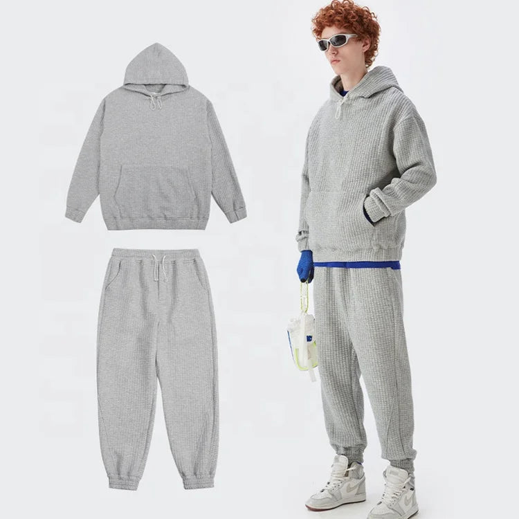 Custom Sweatshirt Suit Cheap Wholesale 380 Gsm Waffle Fabric Plain Sports Tracksuits Smooth Regular Fit Mens Sweatsuit Tracksuit