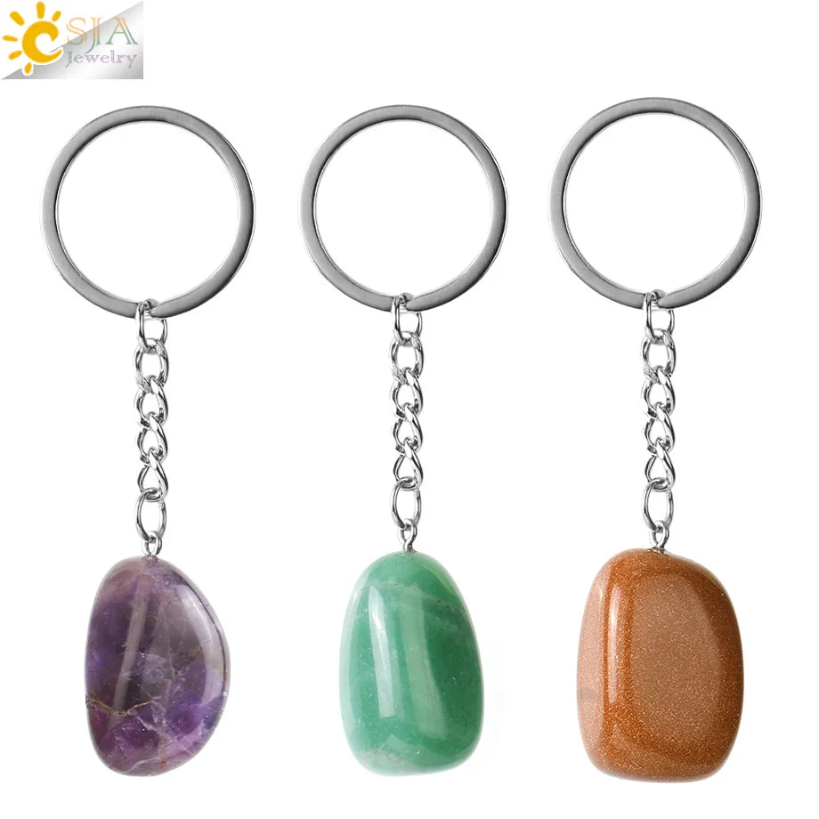 CSJA Natural Gemstone Keychain Irregular Tumbles Crystals Healing Stones Pendant Keychains for Men Car Keys Ring Holder G937