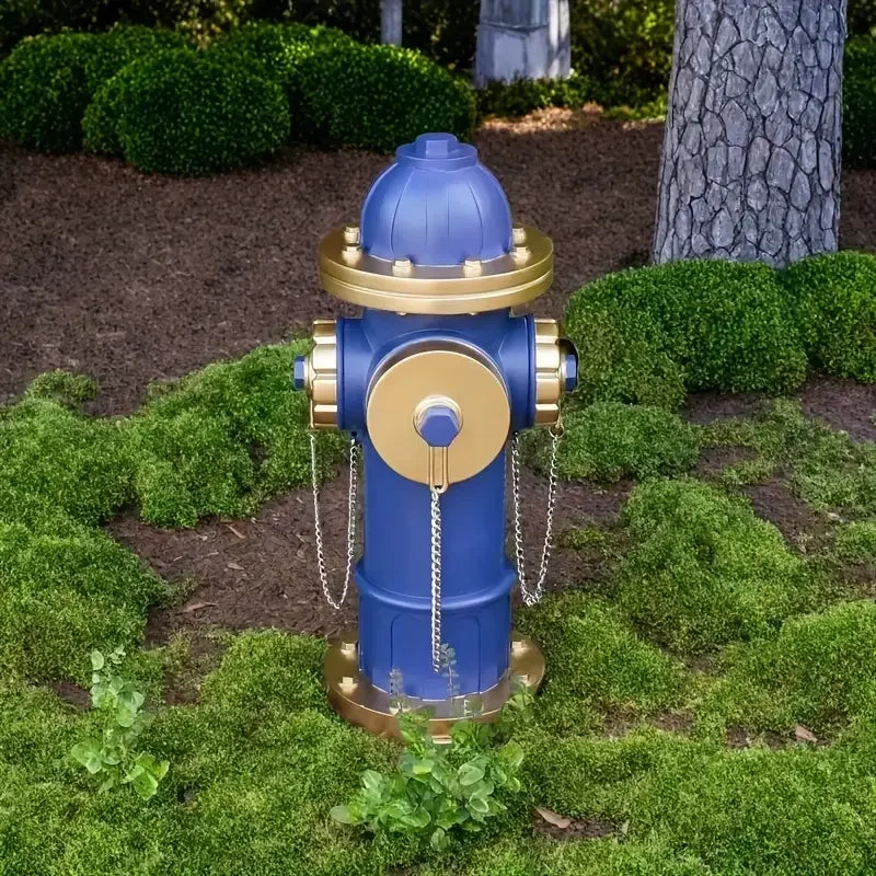 Resin Fire Hydrant Figurine Blue Gold Contrasting Color Style Realistic Shape Hand-painted Holiday Outdoor Decoration