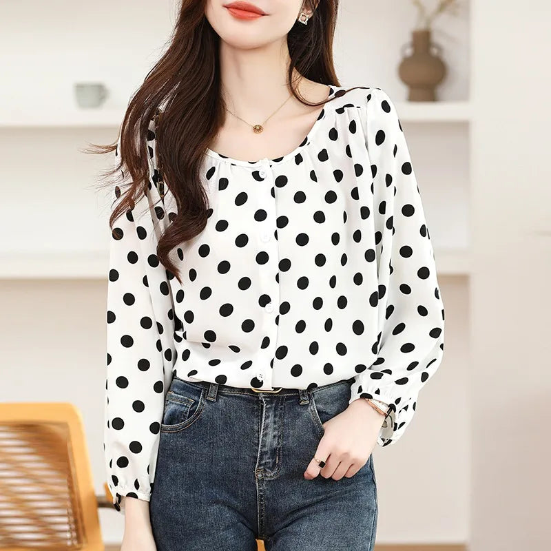 19 Colours Long Sleeve Women Blouse Shirt Fashion Chiffon Women's Clothing Sweet O-neck Print Feminine Tops Blusas
