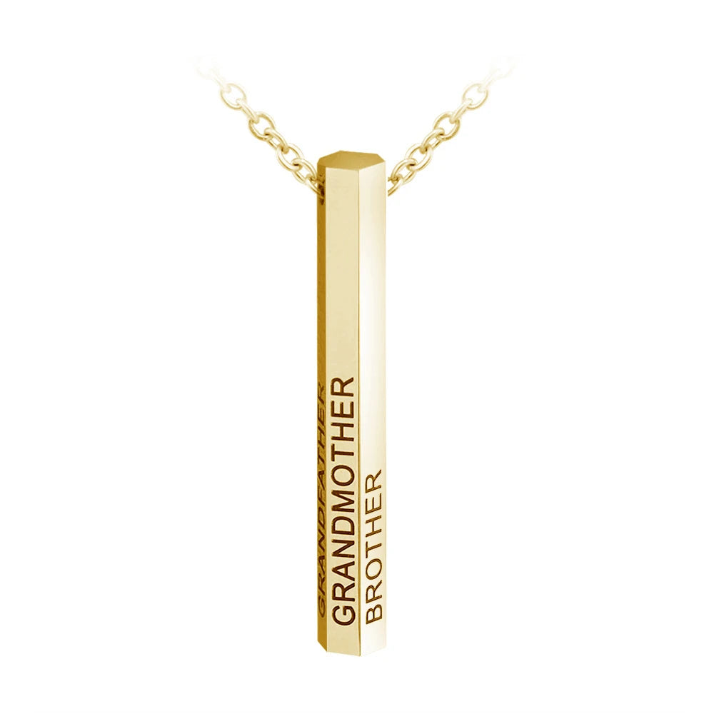 Customized Stainless Steel Six Sides Name Engraved Rectangle Vertical Bar Pendant Necklace