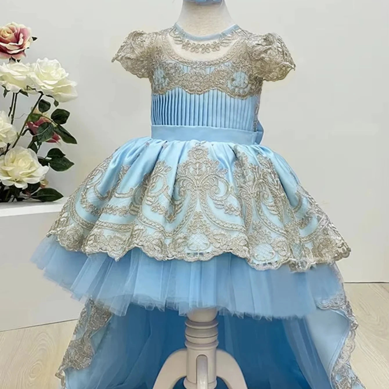 MQATZ Flower Girl Wedding Gown Elegant Princess Girl Party Dress Fluffy Short Sleeves O-Neck Birthday Prom Summer Age 7Y T5589