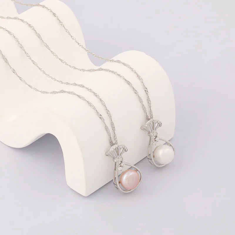 Fahion Chic 925 Sterling Silver Chain Necklace with Money Sign Bag Box Amulet Pearl Bead Pendant for Women Jewelry