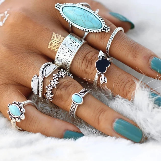 Hot Sale Vintage Big Stone Ring Set Boho Antique Heart Flower Rings for Women