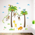 Green Coconut Tree Wallpaper Cartoon Monkey Lion Giraffe Stickers Tropical Plant Wall Decal for Kid's Bedroom