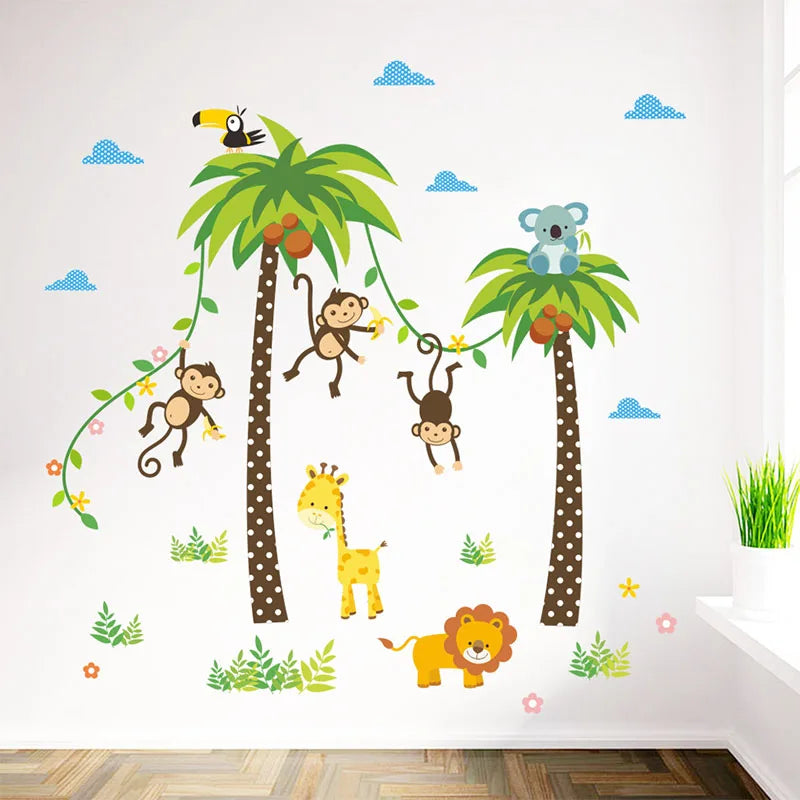 Green Coconut Tree Wallpaper Cartoon Monkey Lion Giraffe Stickers Tropical Plant Wall Decal for Kid's Bedroom