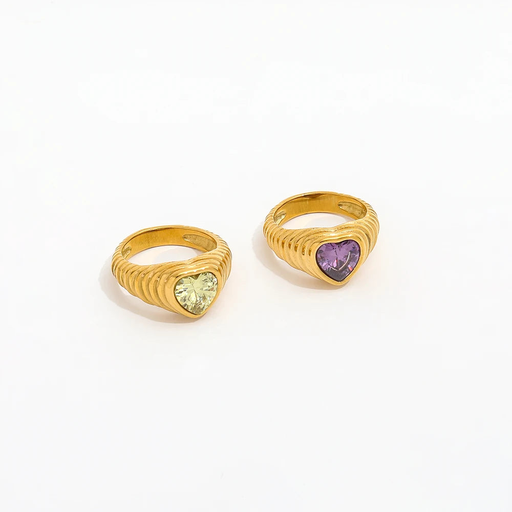 High End 18K Plain Gold Zirconia Heart Statement Croissant Rings Stainless Steel Trendy Simple Gold Plated Jewelry