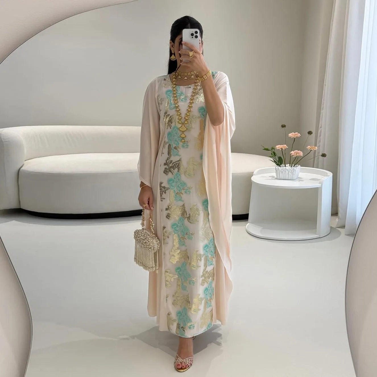 Fashion Multi Color Floral Embroidered Open Abaya with Coverup 2025 New Muslim Middle Eastern Islamic Luxury Robe for Women