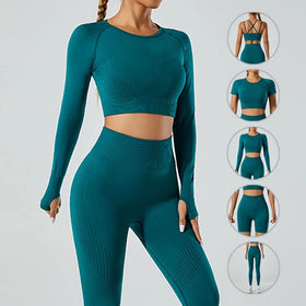 Hot-Selling Gym Seamless Women Cross Back Sports Bra and Leggings Workout Long Sleeve Yoga Set for Women Fitness Sports 5 Piece