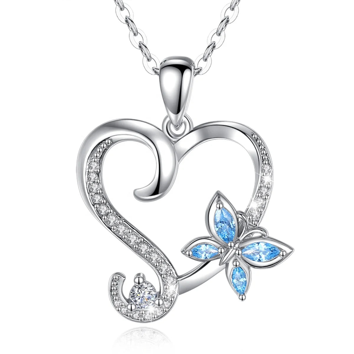 Isunni Jewelry Heart Shaped Trendy Women Sterling Silver Blue Horse Eye Cubic Zirconia Mini Butterfly Necklace
