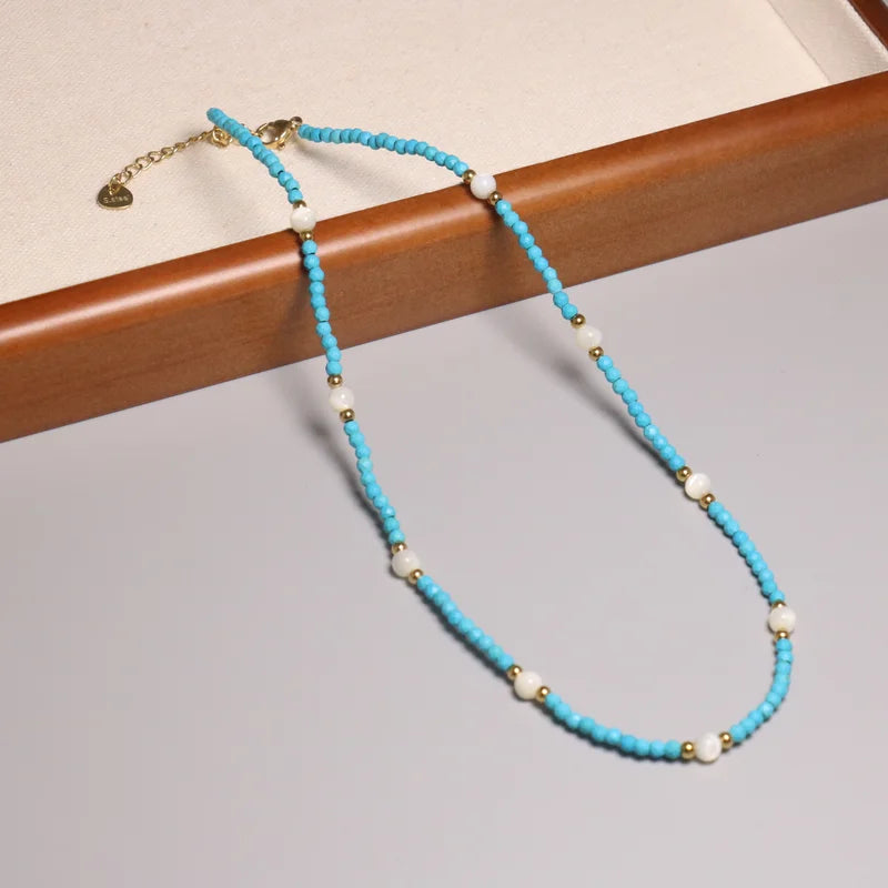 Minimalist Natural Abacus Blue Turquoise Beaded Pearl Charm Necklace for Women Men Boho Healing Stone Energy Choker Necklace