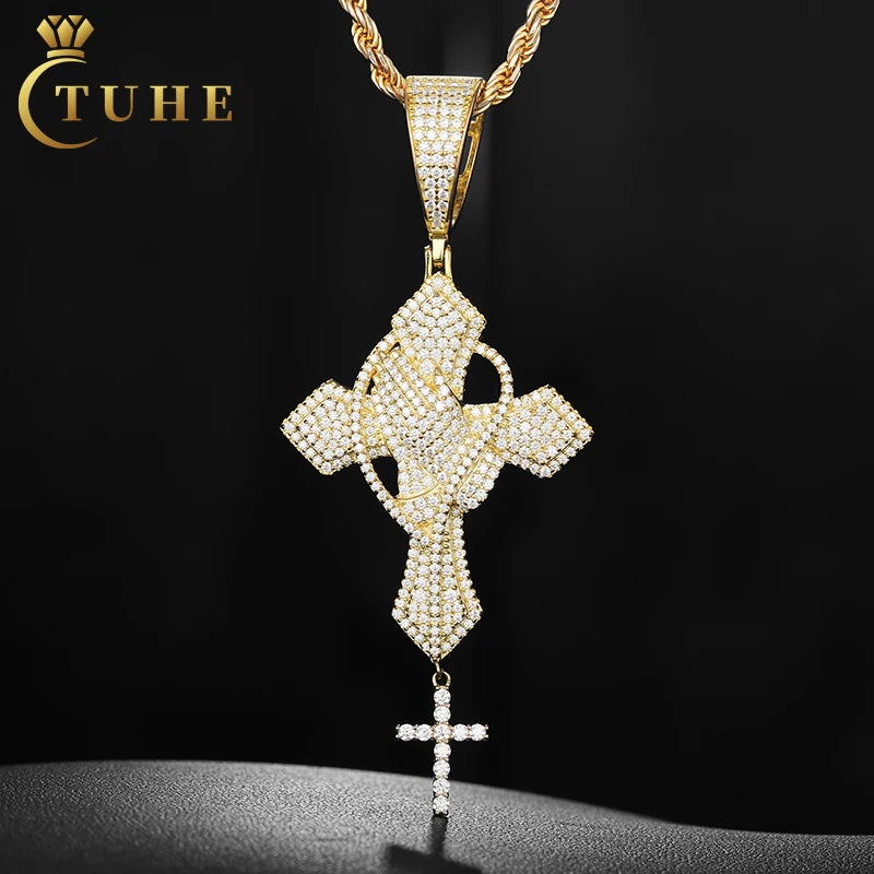 In Stock With Certificate Iced Out Jewelry 925 Pure Silver Moissanite Pray Hand Cross Pendant Necklace for Men