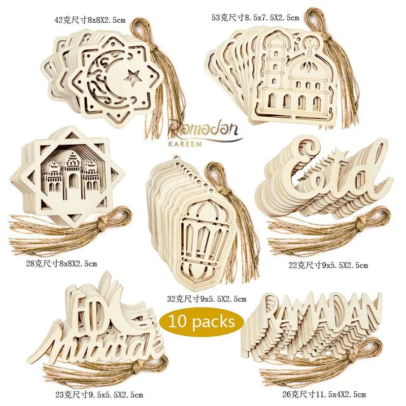 Factory Supply 10pcs Wooden Pendant Ramadan Ornament Kareem Moon Star Hanging Decoration for Muslim Islam Festive Home Room