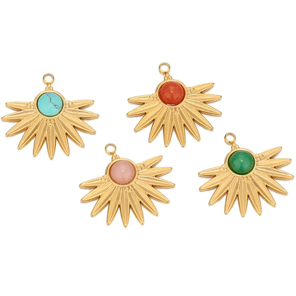 5Pcs 23mm Stainless Steel Spinose Natural Stone Sun Charms Pendants for DIY Necklace Earrings Components Jewelry Findings